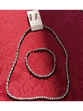 Vintage 925 Sterling Silver Black Freshwater Pearl Bead Necklace Bracelet Set